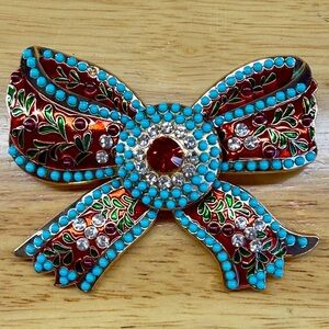 Beautiful! Large Enamel Colorful Bow Brooch with Red Gem